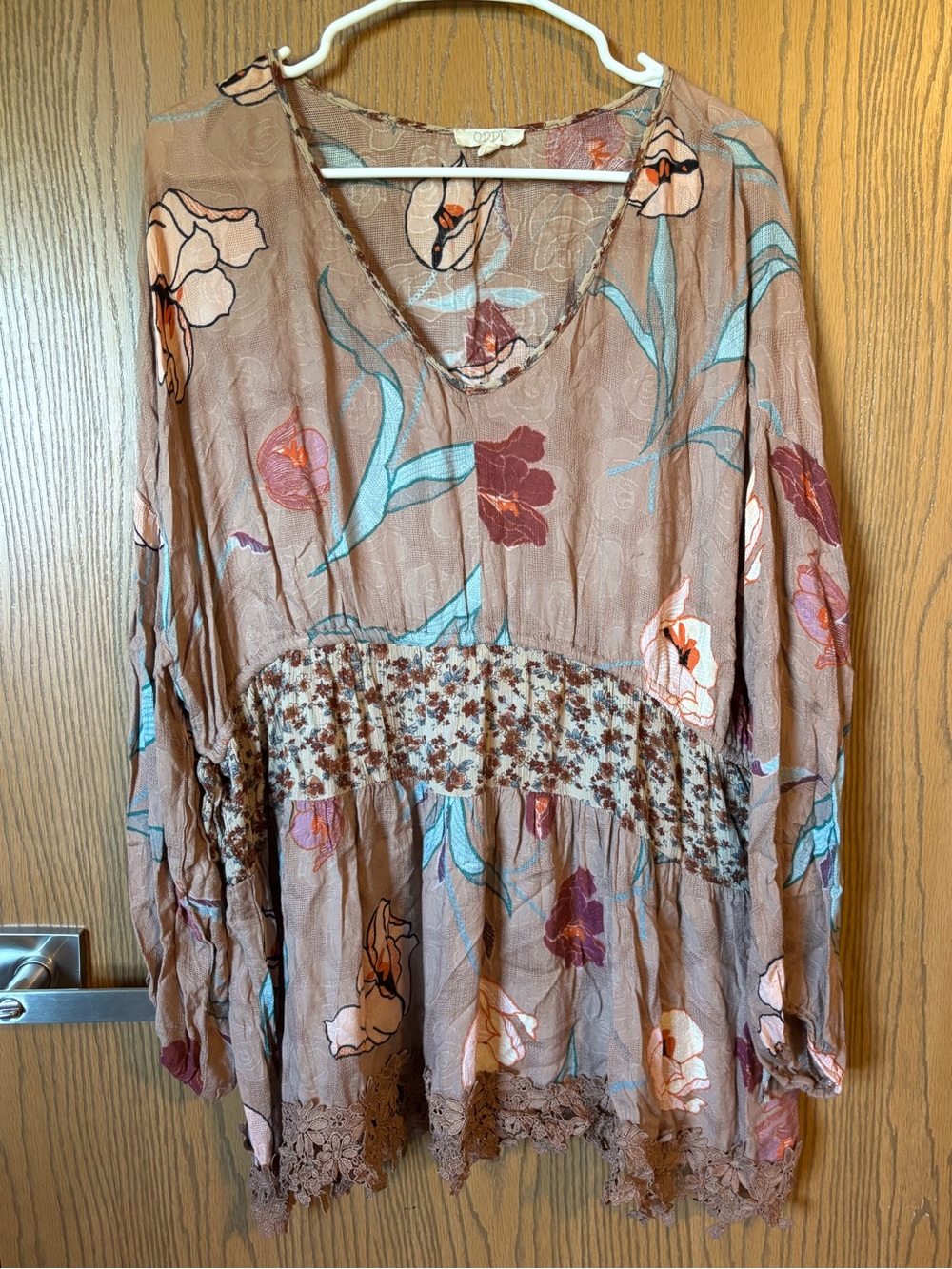 Boho Floral V-Neck Long Sleeve Top - Taupe